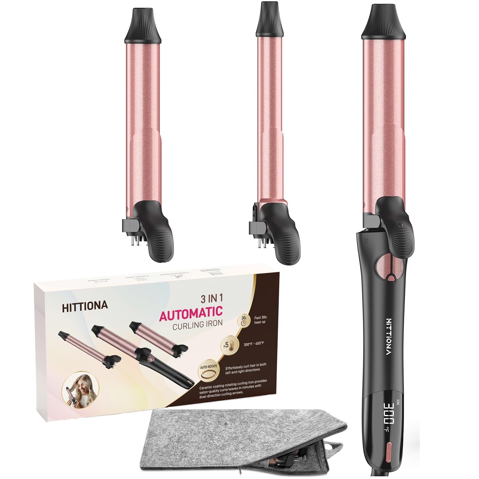 Rotating Curling Iron - 3 in1 Automatic Curling Iron with Interchangeable CurlingWand 3 4 1 1 4 1