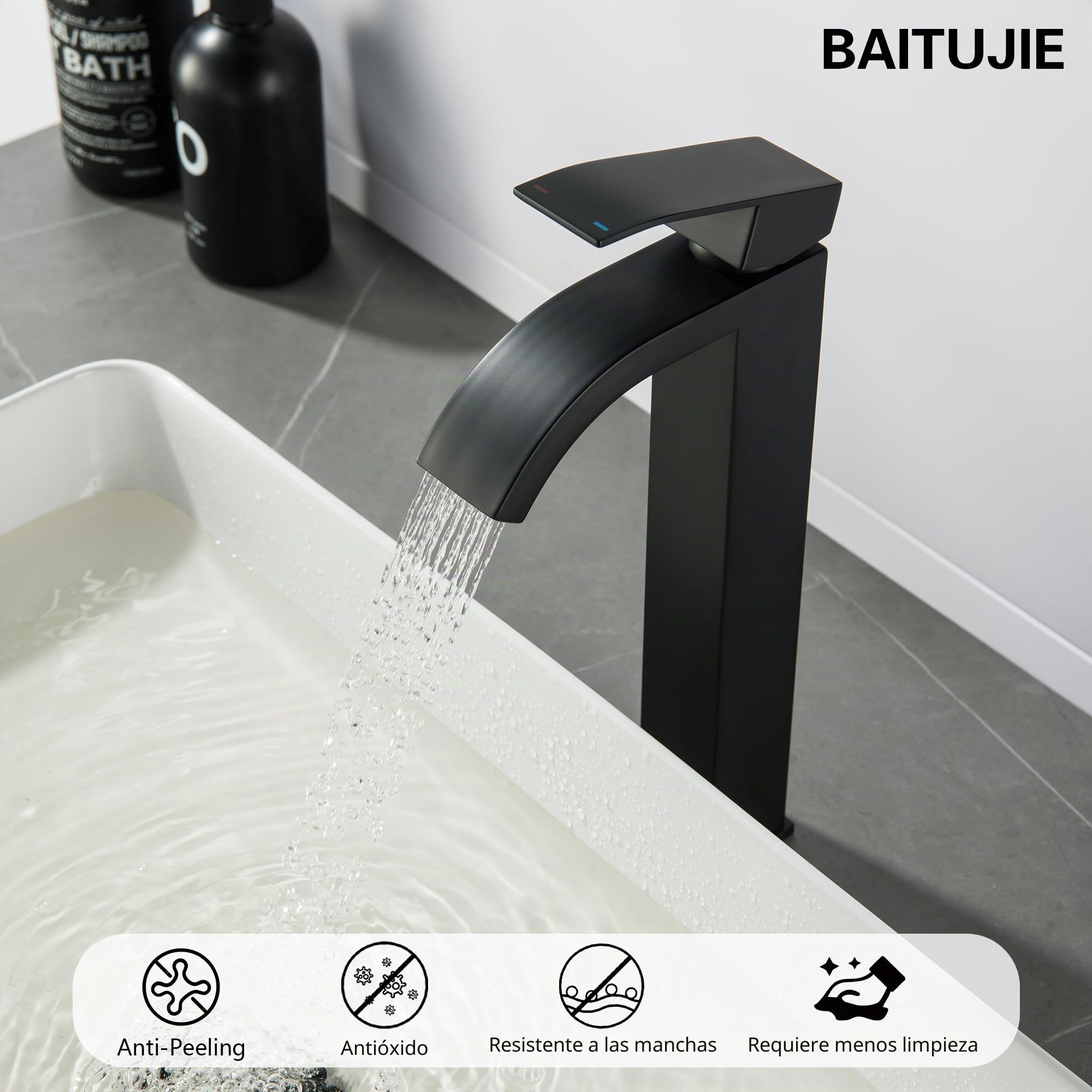 Grifo de Lavabo Baño Alto Negro, Caño Alto Monomando Lavabo Suministro de Agua Fría y Caliente, Grifo de Lavabo Negro Para Invitados WC, Baño