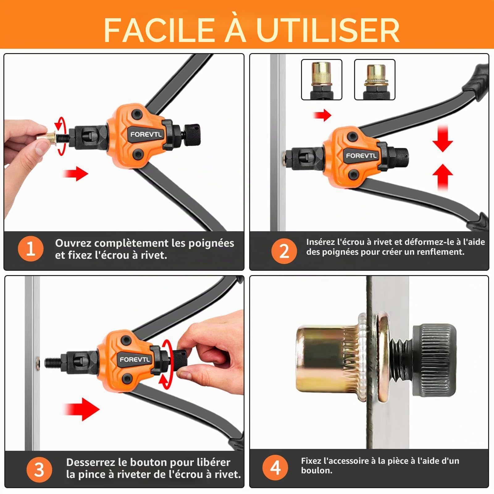 Pince a Insert Fileté, Assortiment de 98 écrous à Rivets Dans une Boîte Solide, Pince a Insert avec 5 Mandrins M5 M6 M8 M10 M12, Pince a Sertir Ecrou avec étui de Transport