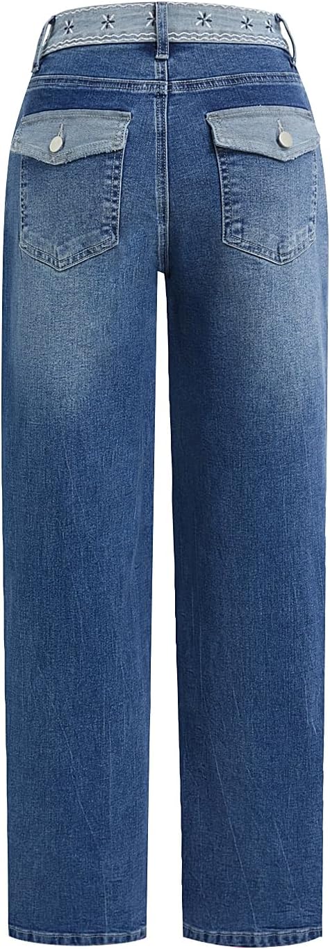 Straight Leg Jeans for Women Trandy Low Rise Embroidered Stretch Wash Baggy Boyfriend Denim Jeans - Image 5