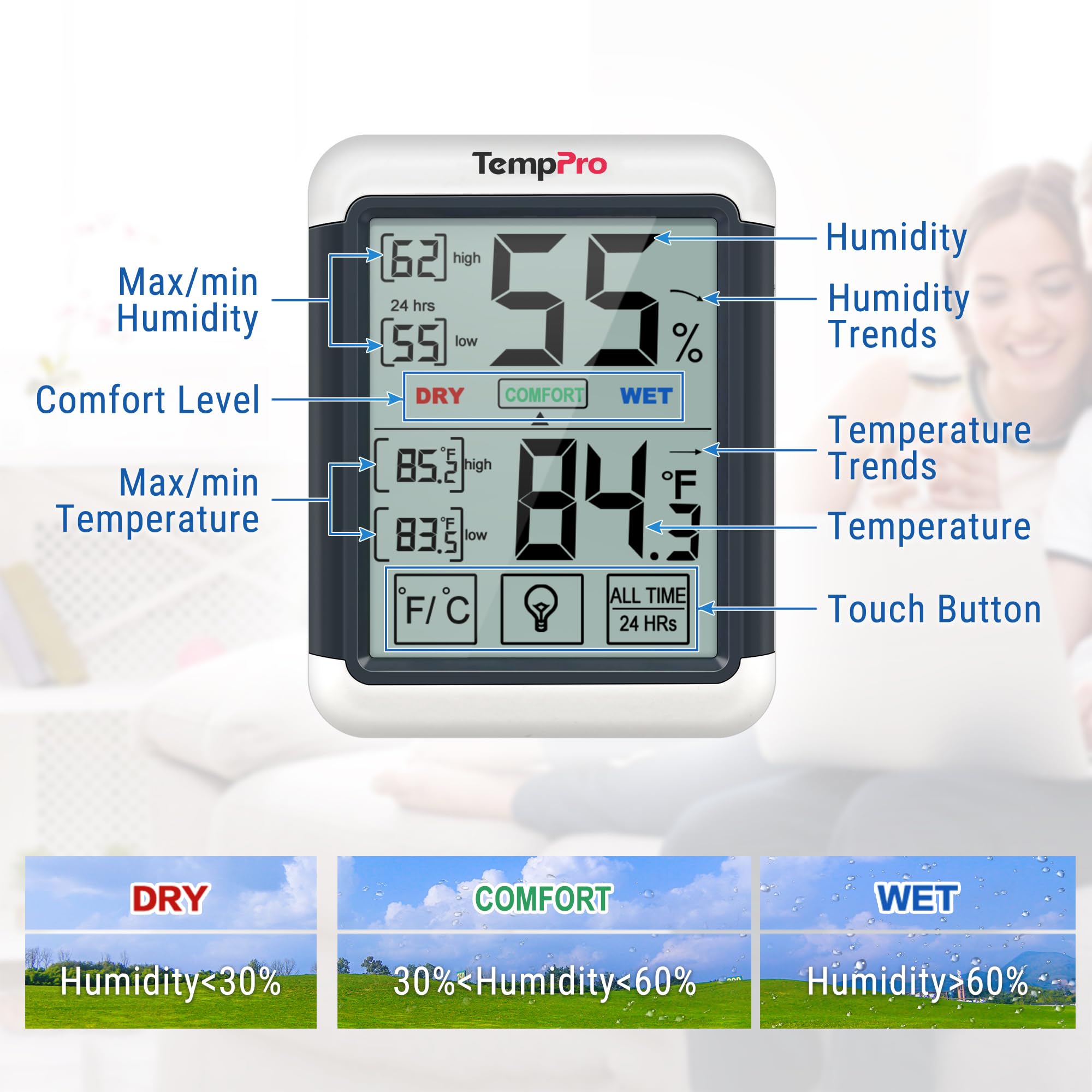 TempPro TempAir Digital Indoor Hygrometer Thermometer with Touchscreen — Amazon image 7