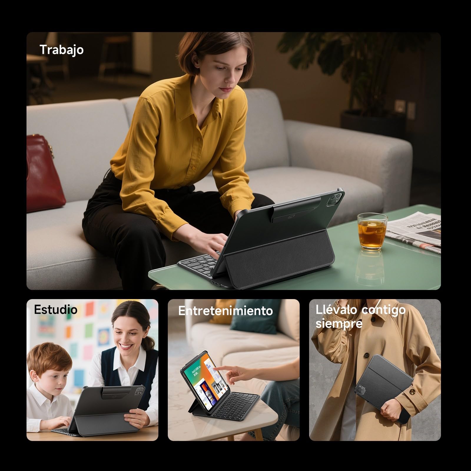 HOU Funda con Teclado para iPad Air 11", Air 5/4, Pro 11", Ultraligera 430g | Esquinas Reforzadas, Estructura Hueca Disipadora de Calor, Teclado con Letra Ñ, Diseño Portátil, Negro