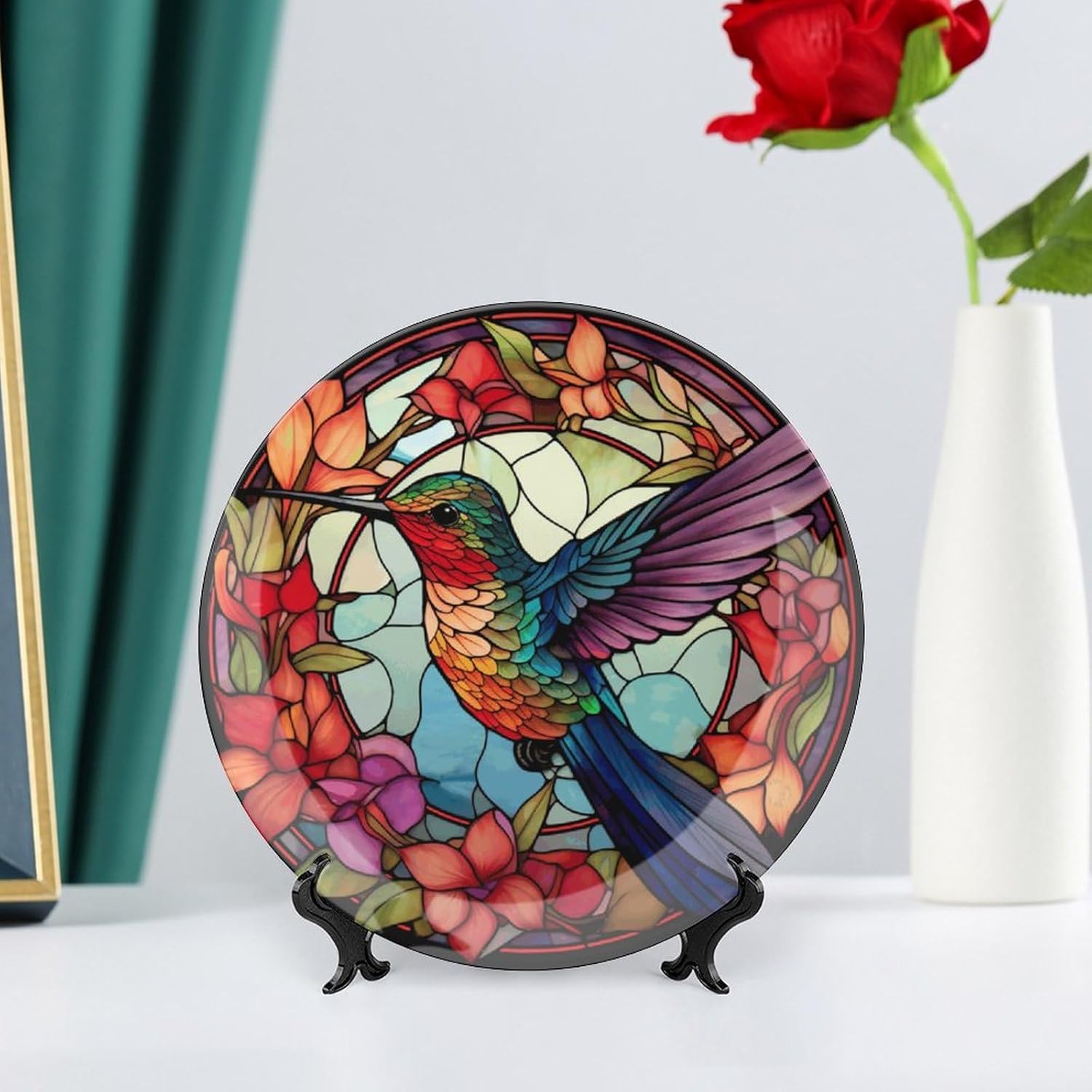 Decorative Plates for Home Decor, Cute Hummingbird Stained Glass Painting Decor Tray for Table Display, Ceramic Dinner Plate W/ Stand, Living Dining Room Decor, Gifts for Hummingbird Lovers, 8 Inch