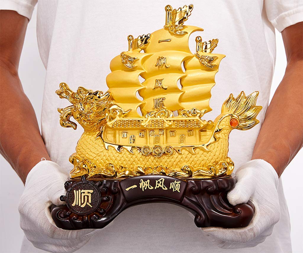 Adornos de Feng Shui esculturas de veleros Dorados Oriental Chino Fortuna de la Suerte Riqueza y Prosperidad la Mejor decoración para la Oficina o el hogar_25x11.5x25.5cm/10x4.5x10inch