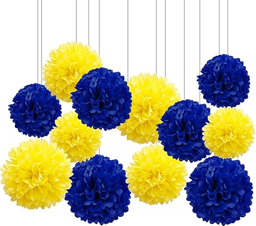 XIKSXITN 12 pompones de papel de seda azul y amarillo para colgar, bolas de flores de papel para decoración de fiestas (8, 10 y 12 pulgadas)