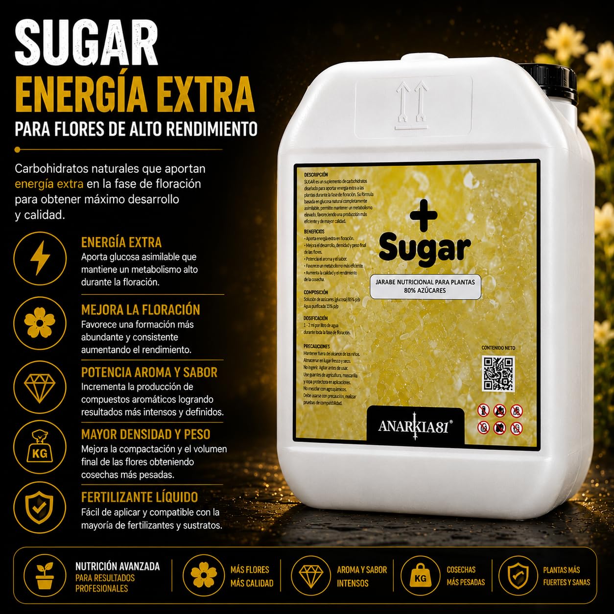 SUGAR 20 L – Carbohidratos para Plantas Potenciador de Floración Energía Extra Azúcares Asimilables Mejora Aroma Sabor y Densidad Fertilizante Líquido - Anarkia81