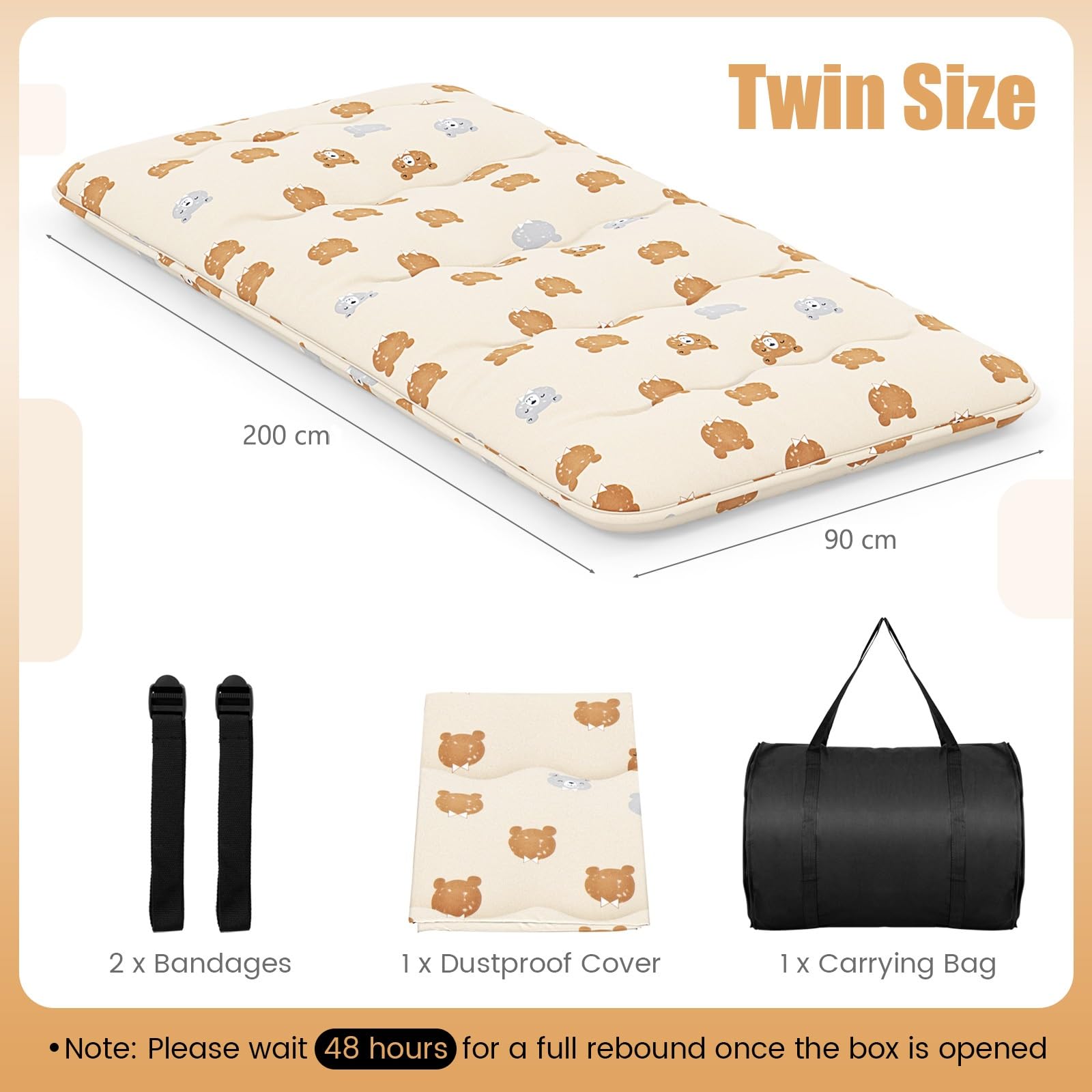 GIANTEX Materasso da pavimento Futon Giapponese, Tappetino Tatami Pieghevole e Portatile, Materasso Pieghevole con Borsa da Trasporto e Fodera Rimovibile (Beige+Orso, 90 x 200 cm)