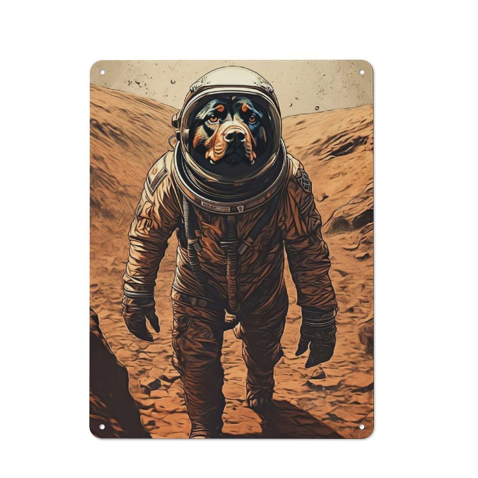 Junmoney Style-23 40X30cm Rustic Tin Sign With Rottweiler Astronaut Mars For Dining Room Or Kitchen, A Decorative Metal Sign For Kitchens And Dining Spaces