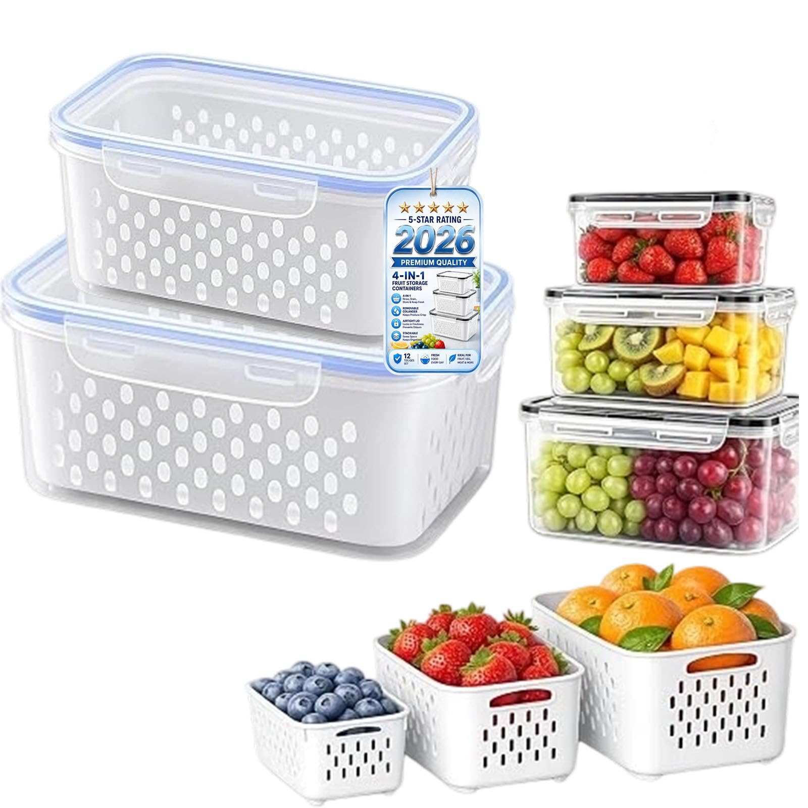 4-in-1 Fruit Storage Containers for Fridge, Berry Storage Containers with Removable Colander and Airtight Lid, Produce Keeper Drain Basket for Salad, Vegetables, Meat and Fresh Food (S+L,BLUE)
