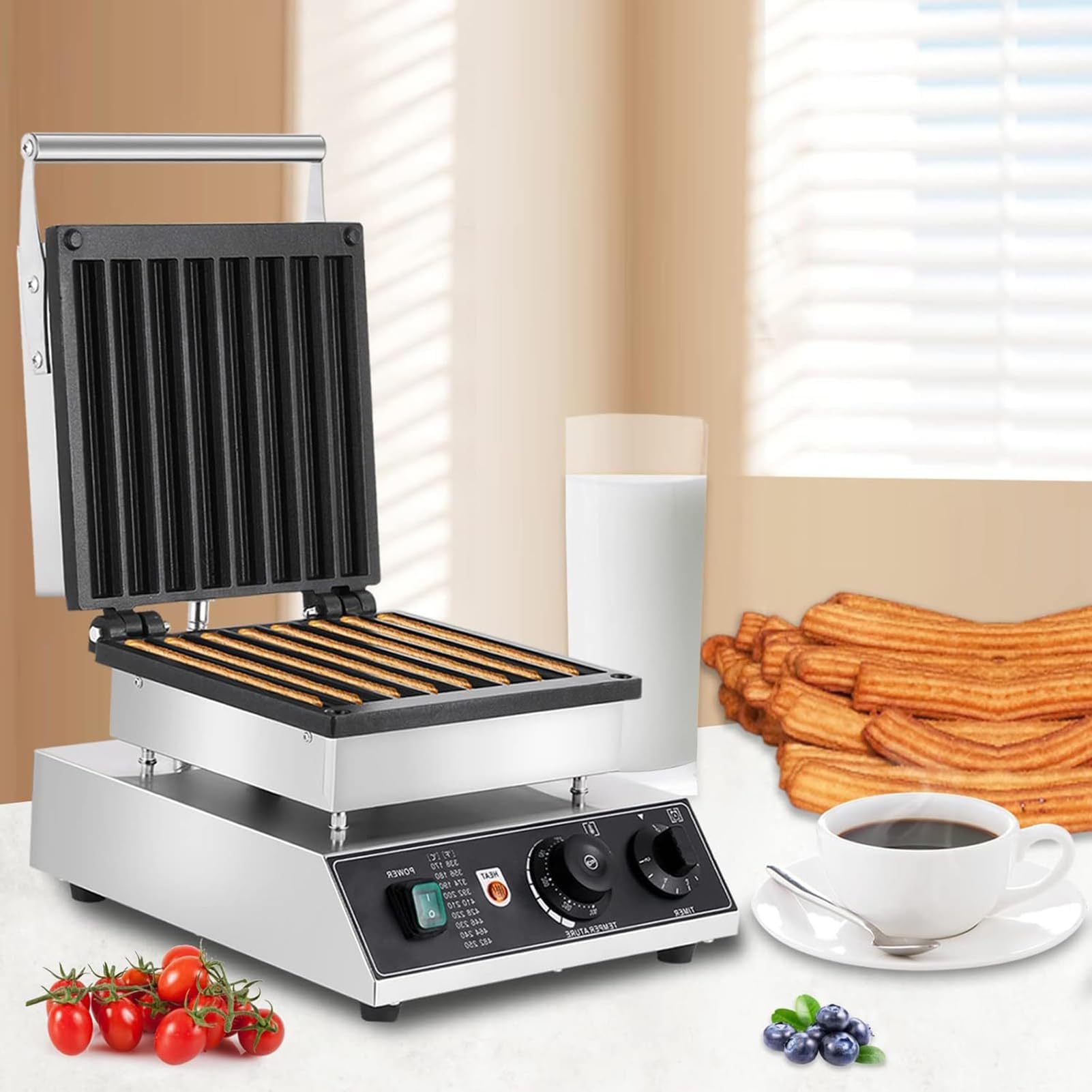 Macchina elettrica per churros, piastra per waffle antiaderente da 1750 W con temperatura e timer regolabili, macchina per ciambelle alla frutta latina, prepara 8 fette di churros in pochi minuti.