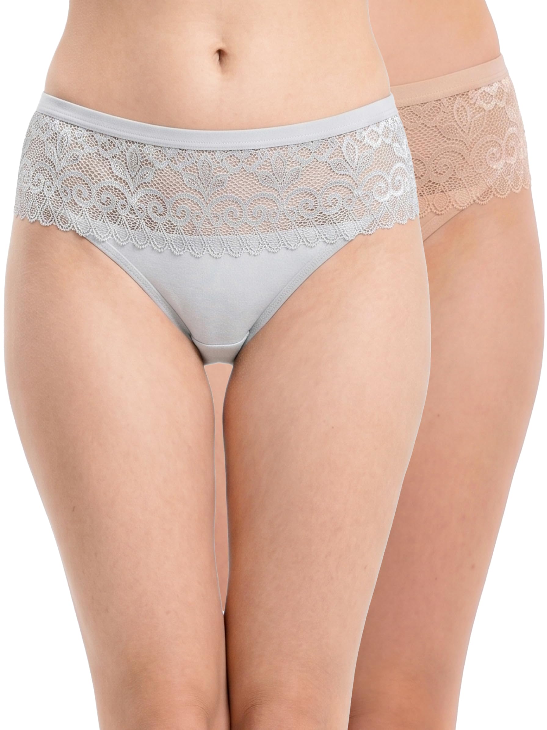senselle Women’s Mid-Rise Lace Waist Cotton Bikini Panties Stretch Everyday Briefs Lingerie Panty for Woman Pack of 2 Golden, Grey-M-picture-53