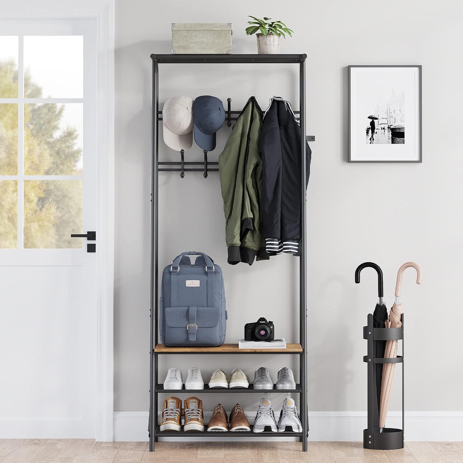 Appendiabiti con Mobili Panca per Scarpe, Albero da Ingresso 4 in 1 con Scarpiera e Panca portaoggetti per Ingresso, Organizzatore di stoccaggio Multifunzionale in Legno per Camera da Letto