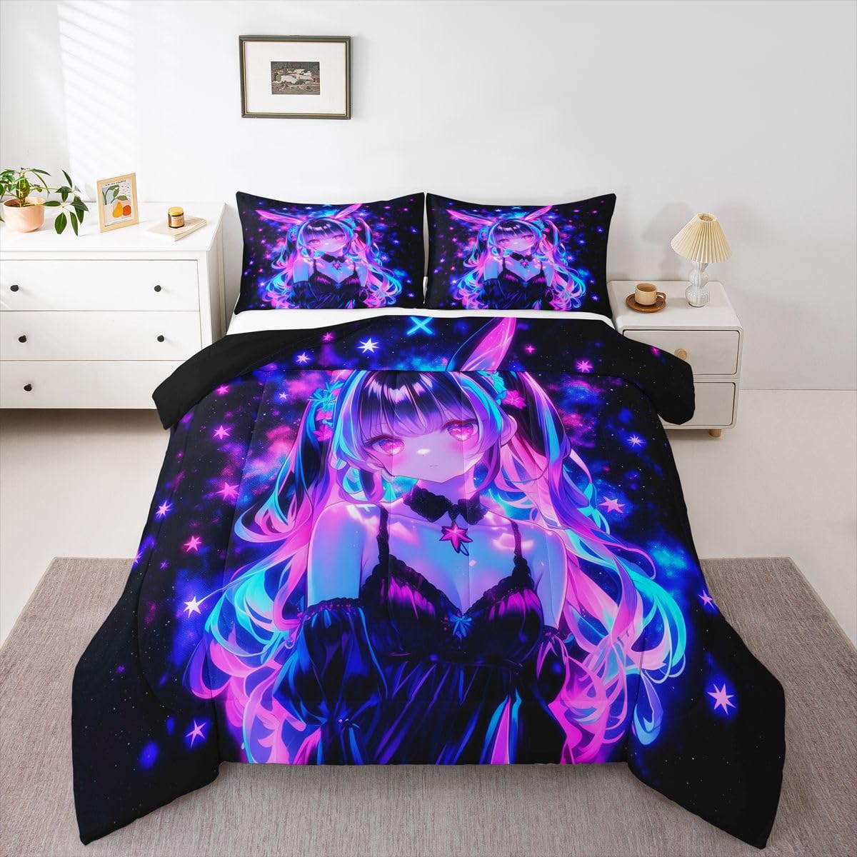 Erosebridal 3D Mushroom Girls Bedding Sets Queen - Japanese Modern Fashion Comforter Set for Kids Adults Abstract Graffiti Duvet Insert Watercolor Aesthetic Quilt