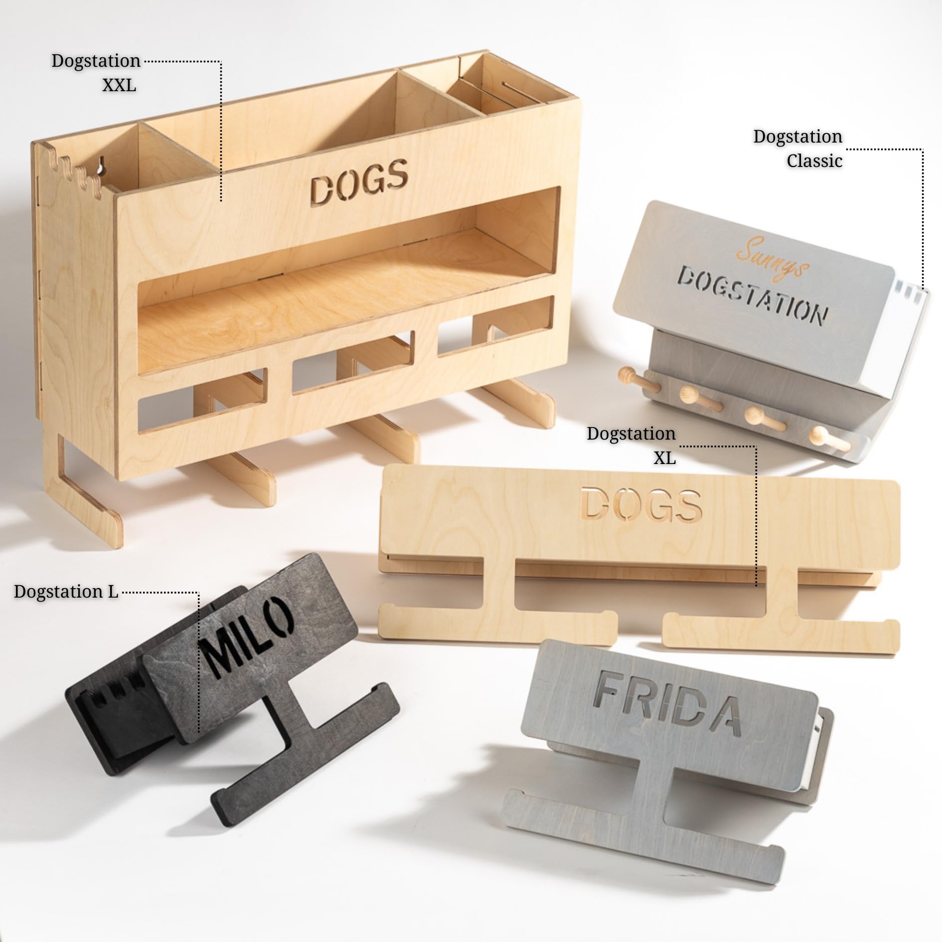 INEXTERIOR – Hundegarderobe XXL personalisierbar mit Ablage & Leinenhalter in Grau - Hundezubehör Dogstation für Hundeleinen, Spielzeug & Leckerlis aus Birkenholz - Mit Kotbeutelspender & Montagekit