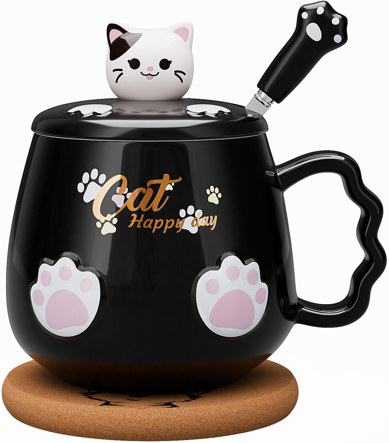 Bgbg Cute Cat Mug, Novelty Ceramic Coffee Tea Milk Cup with Lovely Kitty Lid, Kawaii Claw Spoon, Anime Coaster, Novelty Things Birthday Christmas Gift for Cat Lovers Women Her, 14 oz, Black