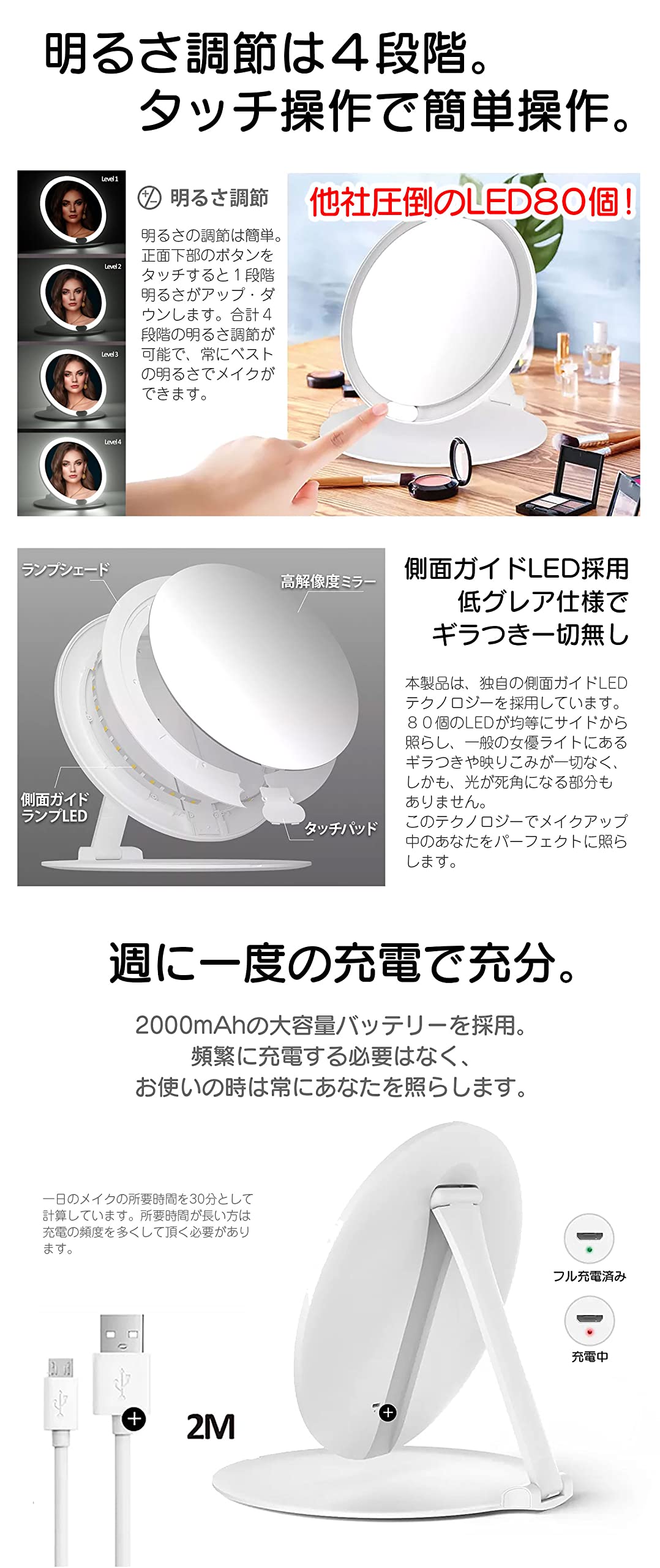 Amazon.co.jp: Asian Value 折り畳み式 LED 女優ミラー 薄さ2
