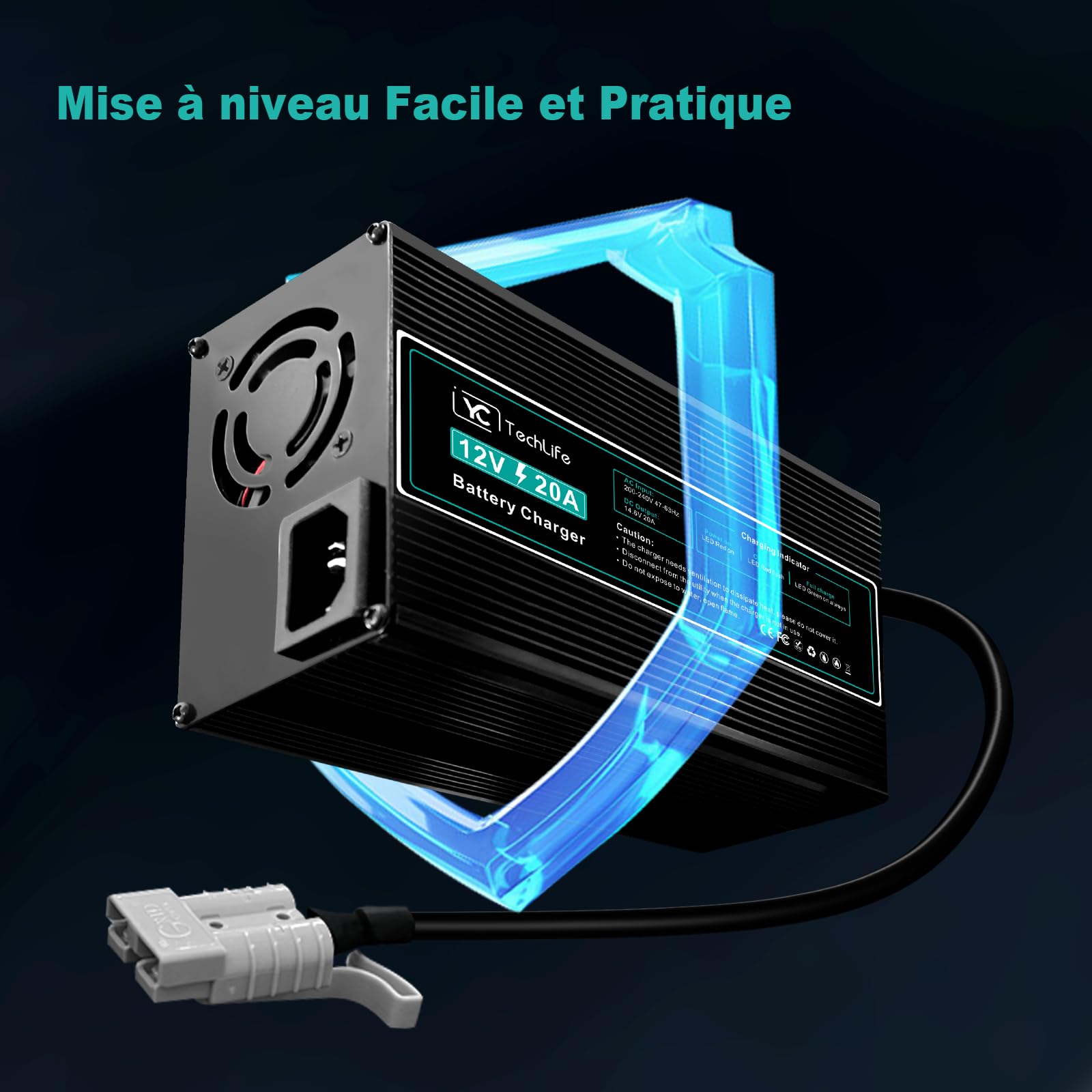 Chargeur Batterie Lithium, 12V 20A Chargeur LiFePO4 Compatible avec la Connexion Anderson Conçu pour Charger Les Batteries LiFePO4 à Cycle Profond de la Voiture RV Marine