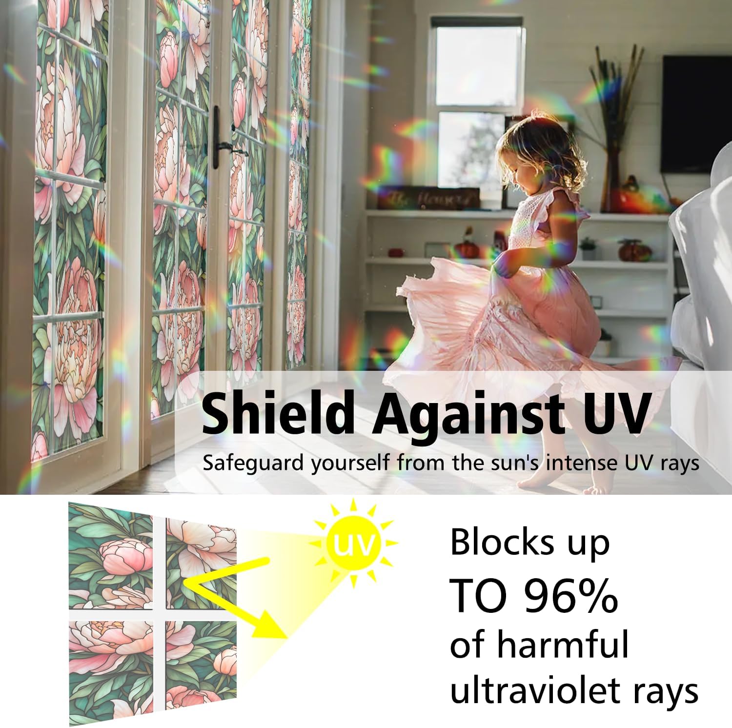 Decorative Peony Stained Glass Window Film, Peony Stained Glass Window Film for Bathroom Shower Door Heat Anti UV