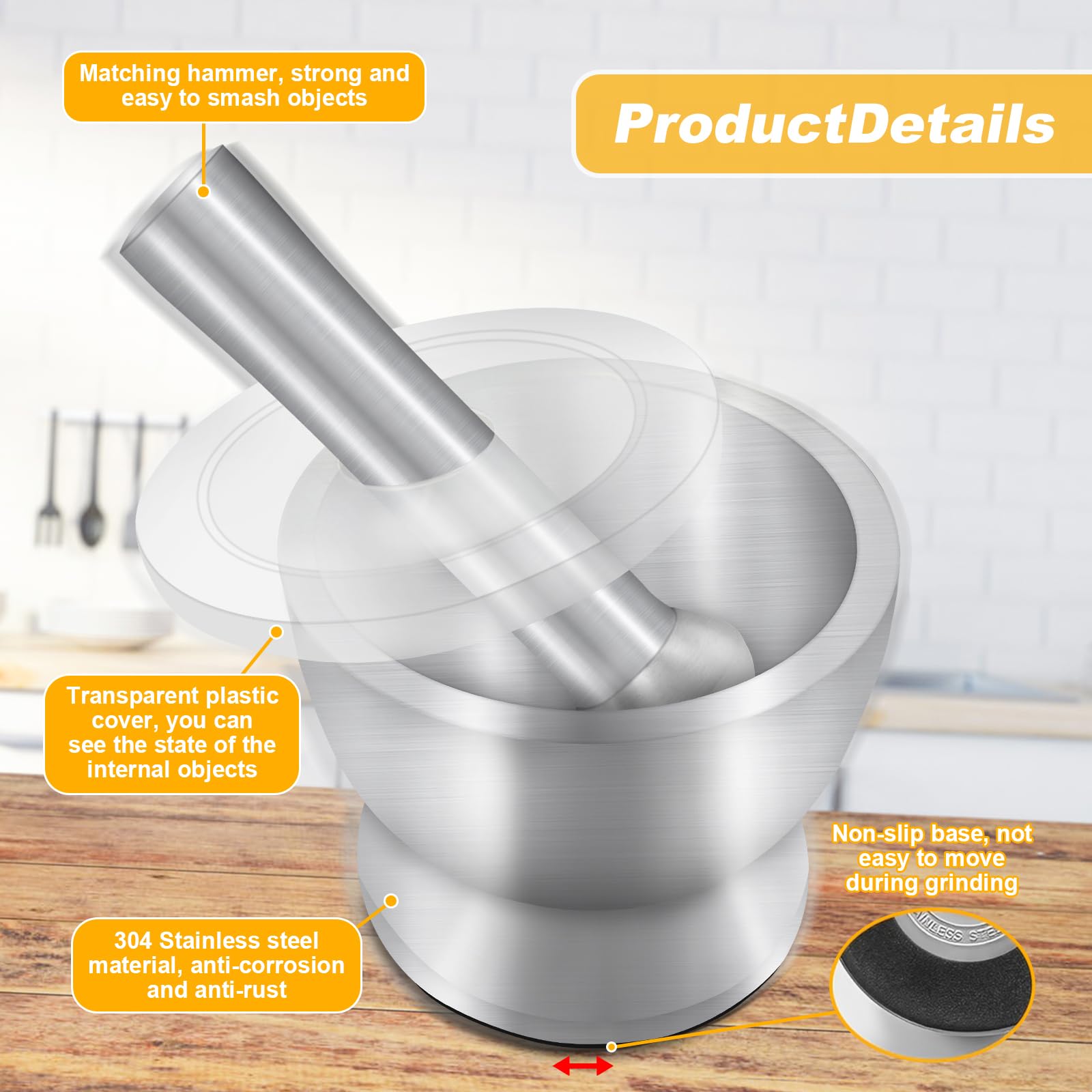 Xpieoyrm Acero Inoxidable Mortero Cocina Juegos de Mortero y Mano, Mortero Cocina con base antideslizante, juego manual de mortero y maja, para Moler Especies, Hierbas,Medicamentos u Otras Sustancias
