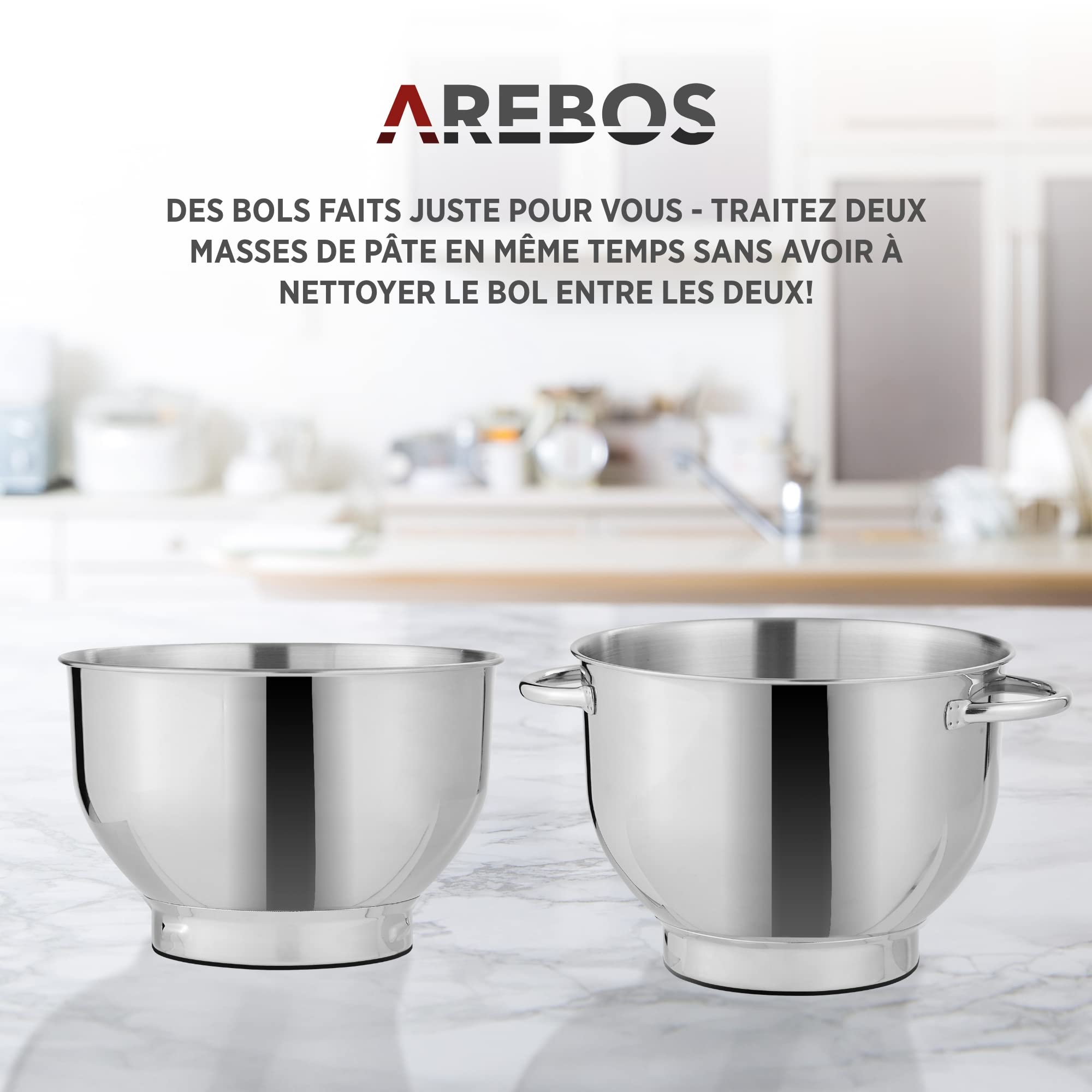 Arebos Robot Pâtissier Professionnel 1500W | Noir | Robot de Cuisine Multifonction avec Fouet, Batteur, Crochet | Avec 2 Bols d'Acier Inoxydable | 6 Vitesses | Fonction Pulse