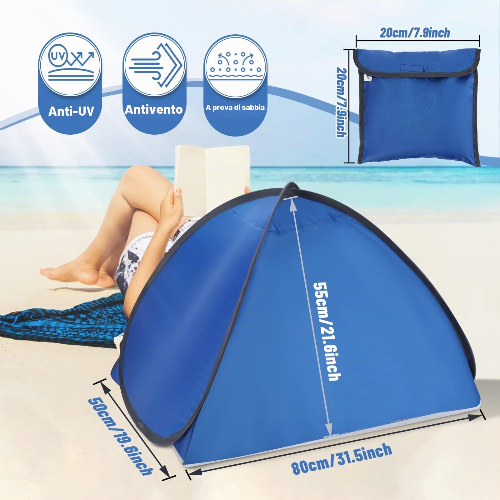 Mini Tenda Parasole da Spiaggia Pop Up Beach, Protezione UV, Istantanea con Custodia, Leggera Impermeabile per Campeggio e Viaggi