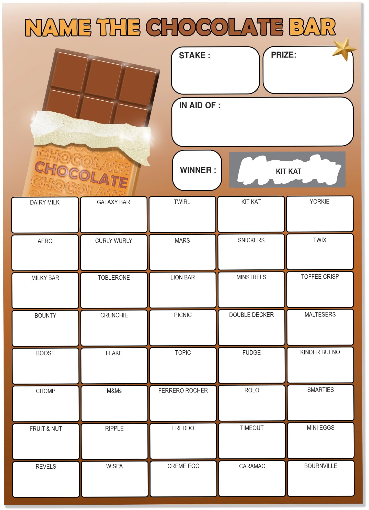 10 x Chocolate Themed Fundraiser Cards - LARGE A5 Size - 40 Squares and Scratch Off Winner for Fundraising