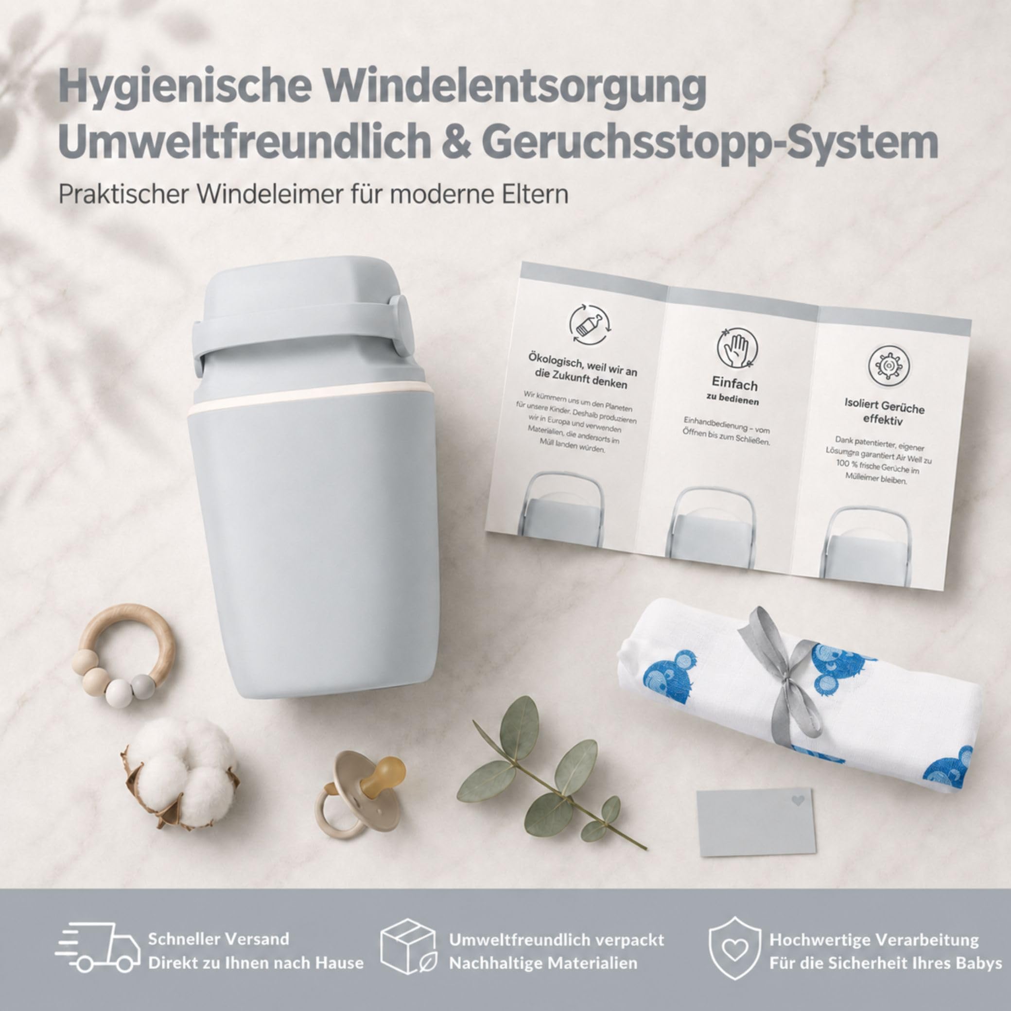AirWell Windeleimer Geruchsdicht & Windel Blaubaer - Wickeleimer, mit Geruchsstopp-System, Einhändige Bedienung, Windeleimer Windelmülleimer, 23 Windeln Fassungsvermögen, Mülleimer Badezimmer