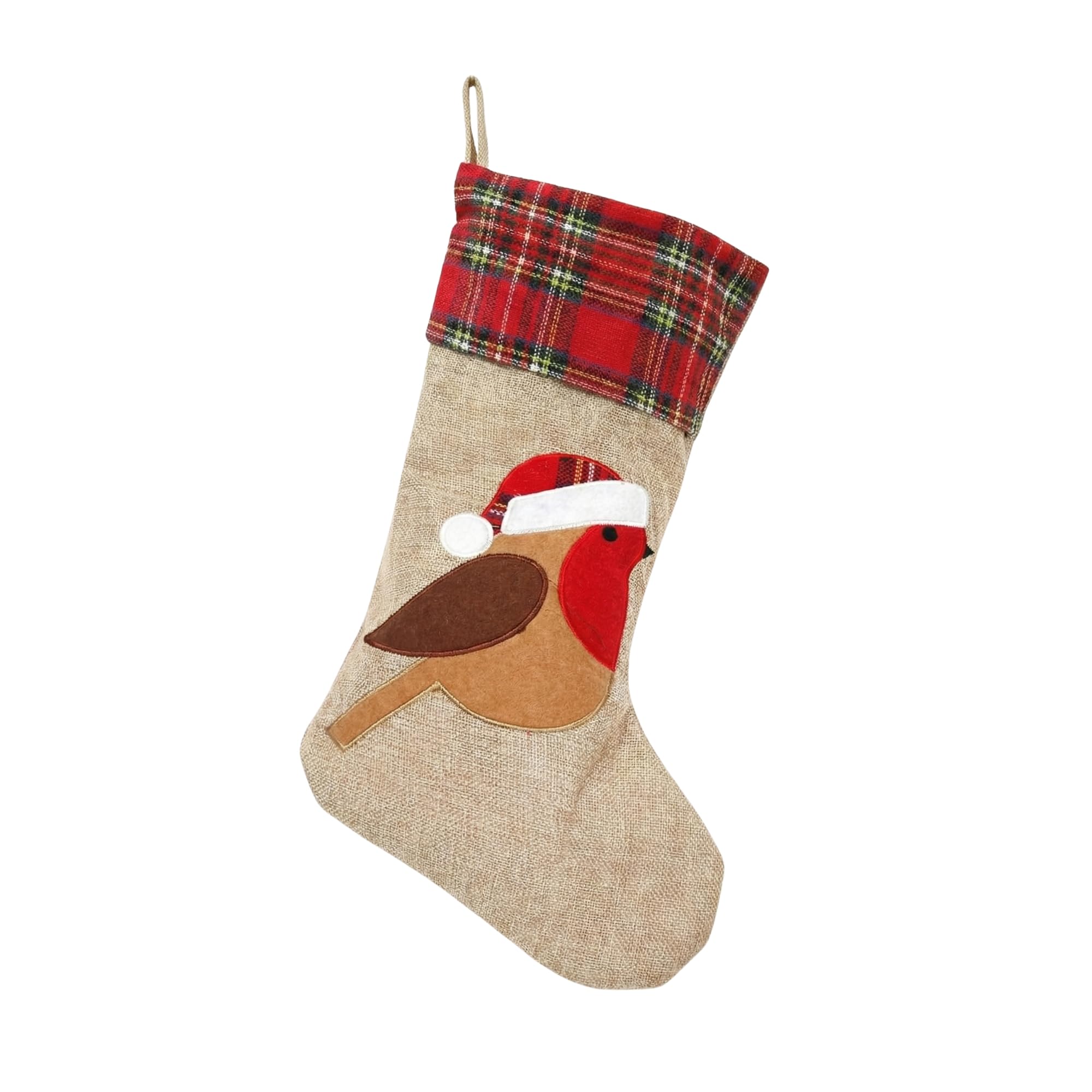 Shatchi Robin 45Cm Large Xmas Stocking, Burlap Hessian Linen Hanging Christmas Sack Sock With Classic Printed Design, Reusable Fireplace Stocking For Sweets, Toys And Festive Home Decorations
