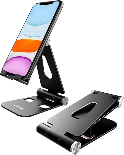 Soporte para teléfono celular, soporte de teléfono de escritorio ajustable actualizado, totalmente plegable, compatible con funda gruesa, aluminio