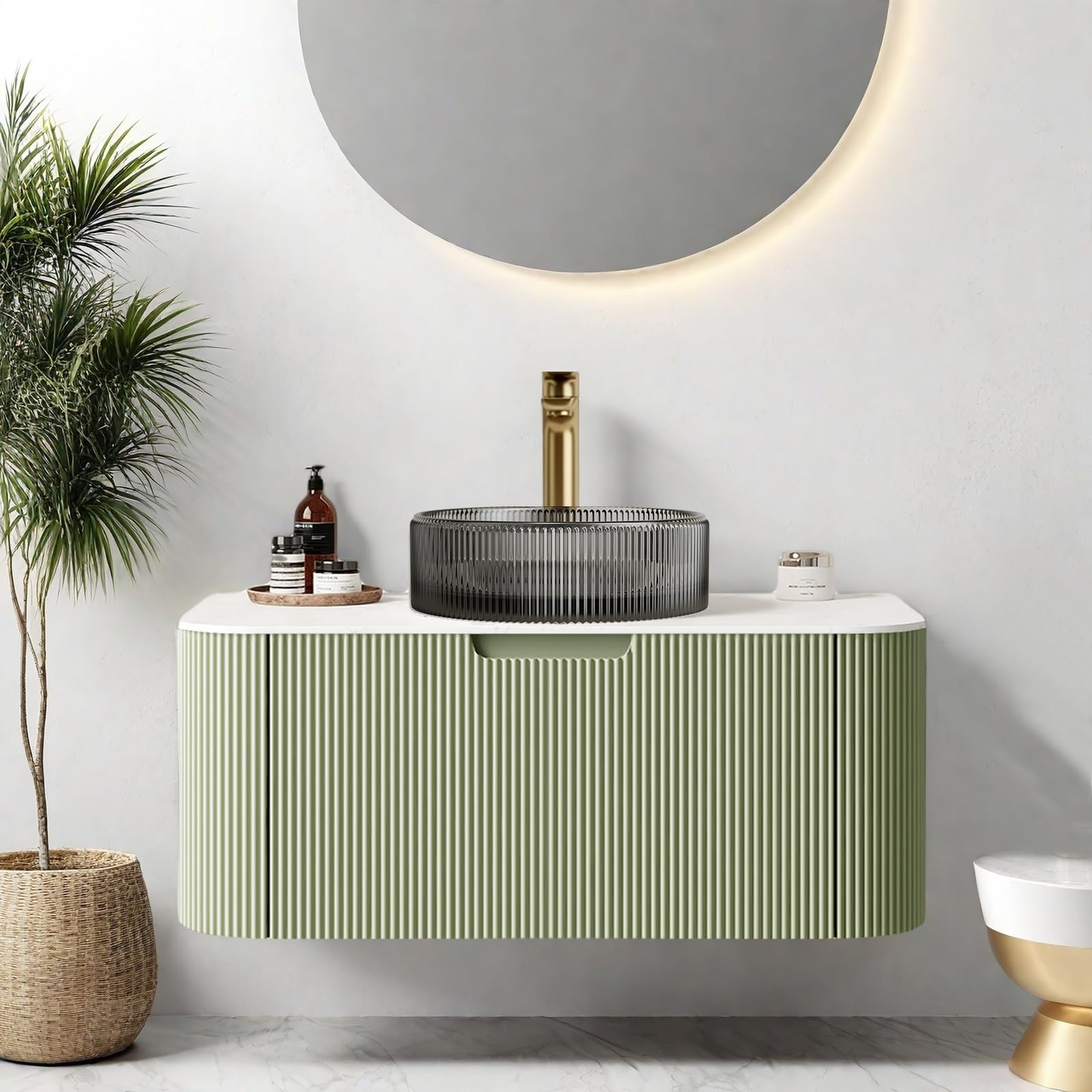 36" Floating Bathroom Vanity with Sink, Wall Mounted Bathroom Cabinet with Ultra-Thin Round Transparent Glass Basin and Marble Top, Large Storage Drawer, No Assembly Required, Light Green