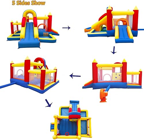 Miniatura 4 de Casa de rebote inflable para niños de 3 a 10 años, casa de rebote para niños con tobogán largo, piscina de bolas, obstáculos, túnel, pared de
