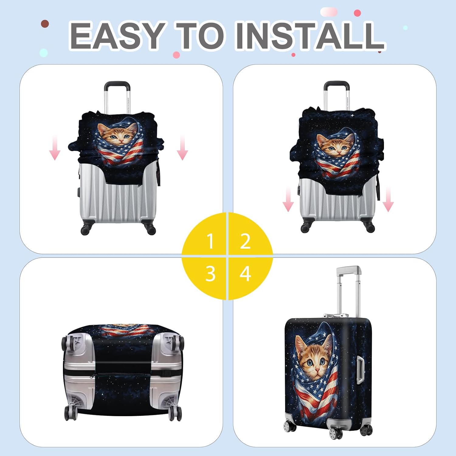 ANNA QUEEN Cute Patriotic Cat Luggage Cover, American Flag Suitcase Protector, Stretchable, Washable Travel Cover for 32-34 Inch Luggage