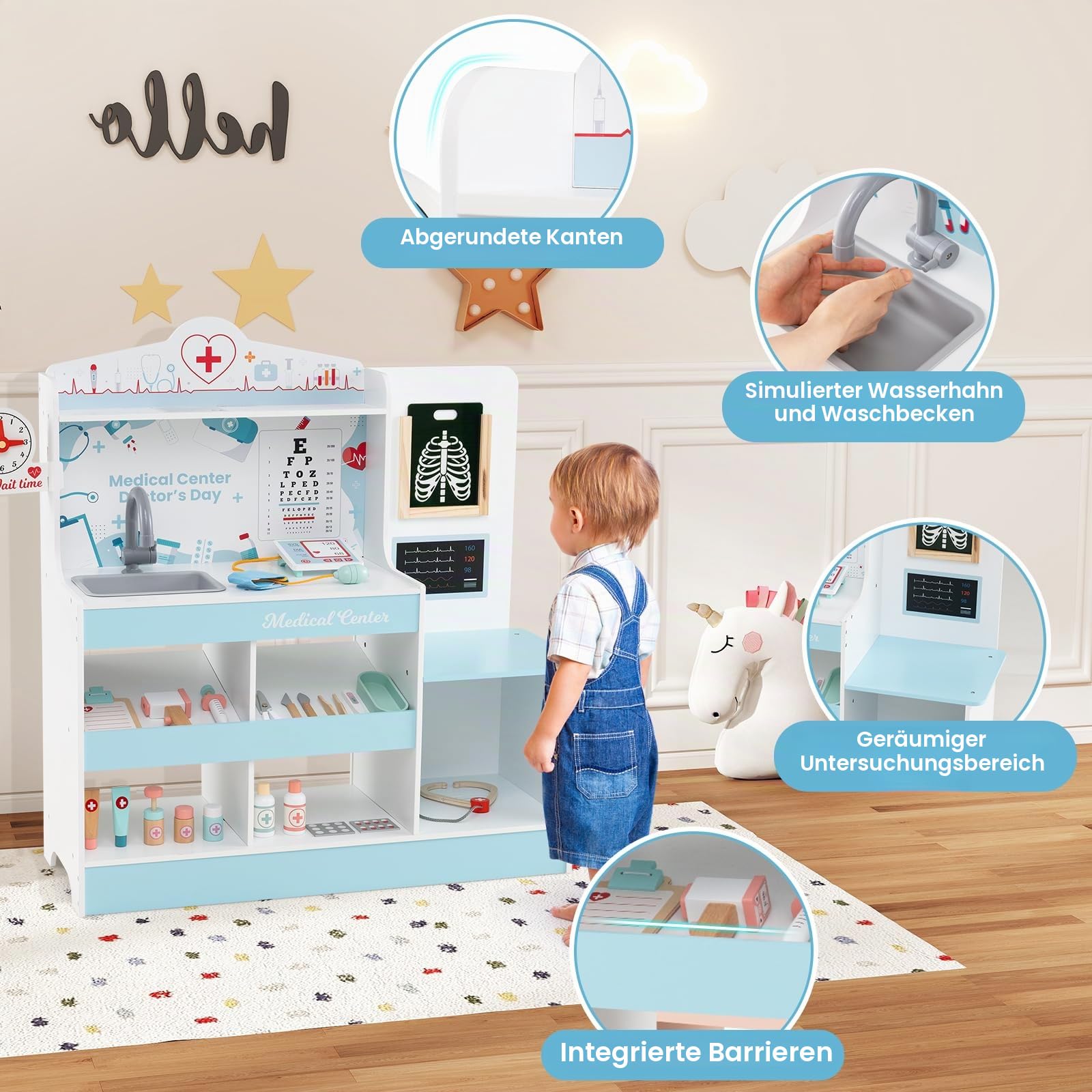 HOMASIS Arzt-Set aus Holz, Arzt-Set für Kinder mit Waschbecken, Sichtprüfung, Elektrokardiogramm, Uhr und Röntgenaufnahme, Krankenschwester-Spiel für Kinder ab 3 Jahren (Blau)