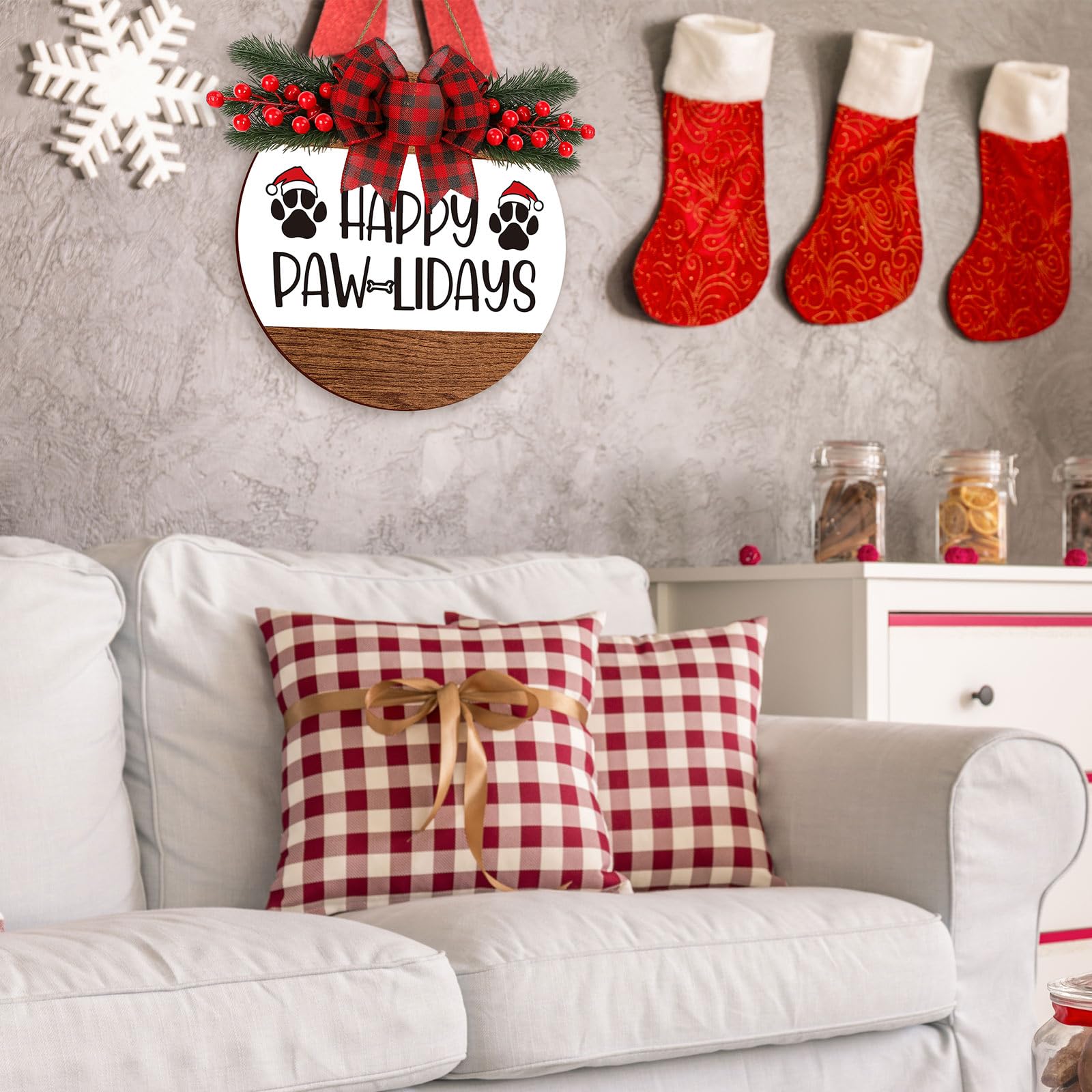 Whaline Christmas Wooden Hanging Sign with Bow Berries Pet Dog Paw Door Hanger Sign Decor Xmas Holiday Farmhouse Rustic Welcome Wreath Sign for Indoor Outdoor Home Porch Wall Window Decor