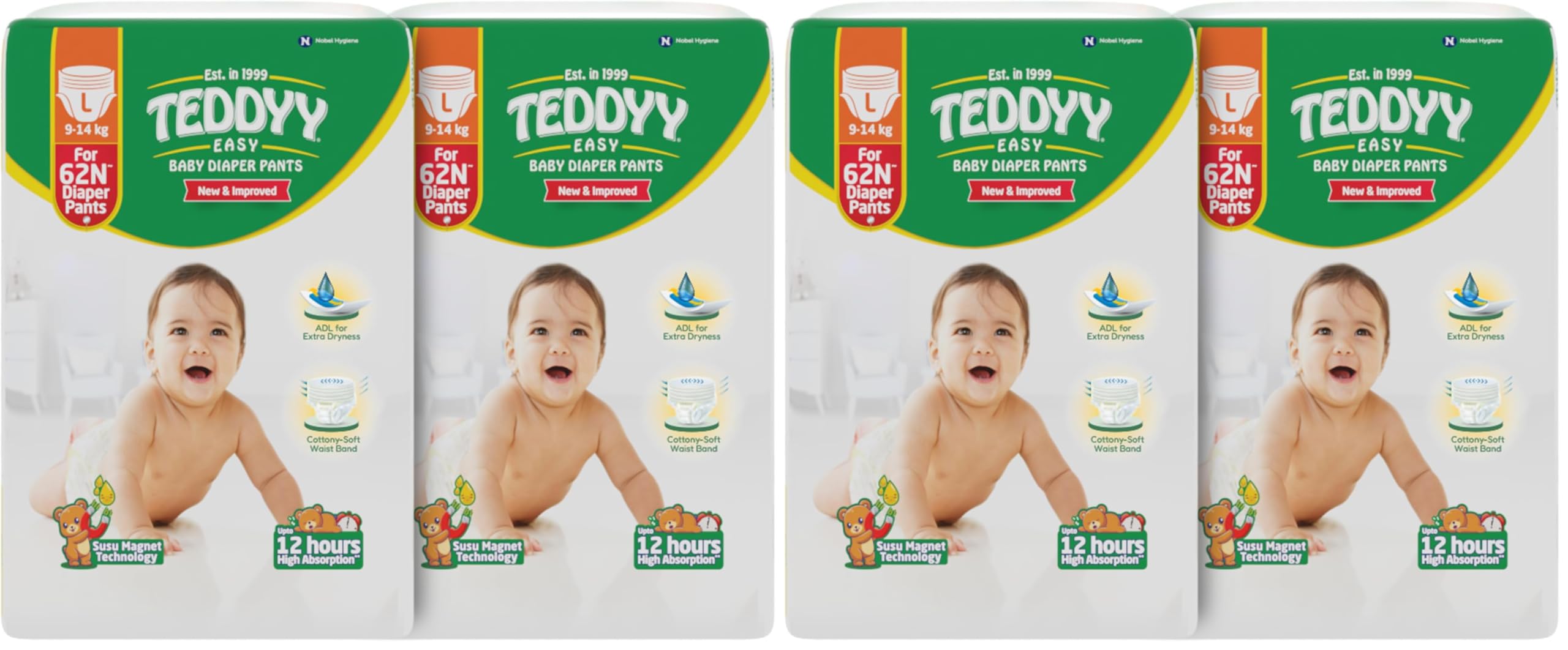 TEDDYY Baby Easy Large Diaper Pants 124 Count (Pack of 4), 9-14 kgs, 10 hrs Leak Protection, Anti - Bacterial
