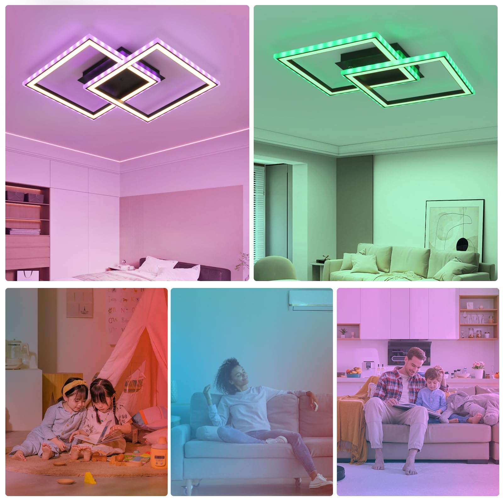 Homefire LED Deckenleuchte RGB Farbwechsel Deckenlampe Schwarz 40W Dimmbar | Modern Schlafzimmerlampe mit Fernbedienung, Eckig Deckenleuchten, Metall Küchenlampe für Jugendzimmer, Wohnzimmer, Gaming