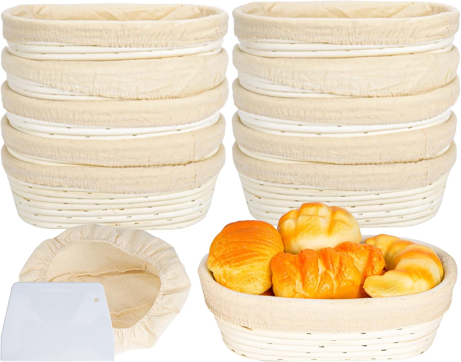 10 Inch Banneton Bread Proofing Basket, Oval Sourdough Proofing Basket with Cloth Liners & Dough Scrapers Set of 10,Bulk Rattan Banneton Sourdough Bowl Basket for Home Baker Supplies