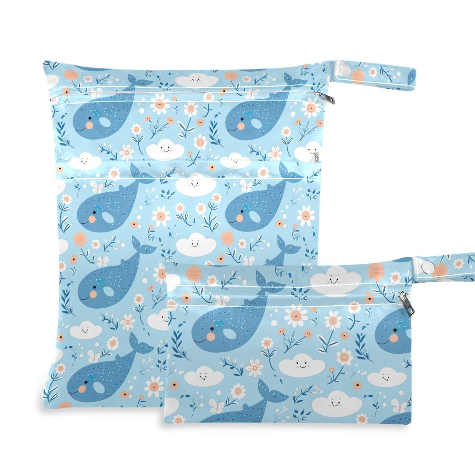 Coikll Wet Dry Bags for Cloth Diaper 2 Pack Waterproof Yoga Gym Bag for Swimsuit Wet Clothes Baby Items-?Cute Whales?