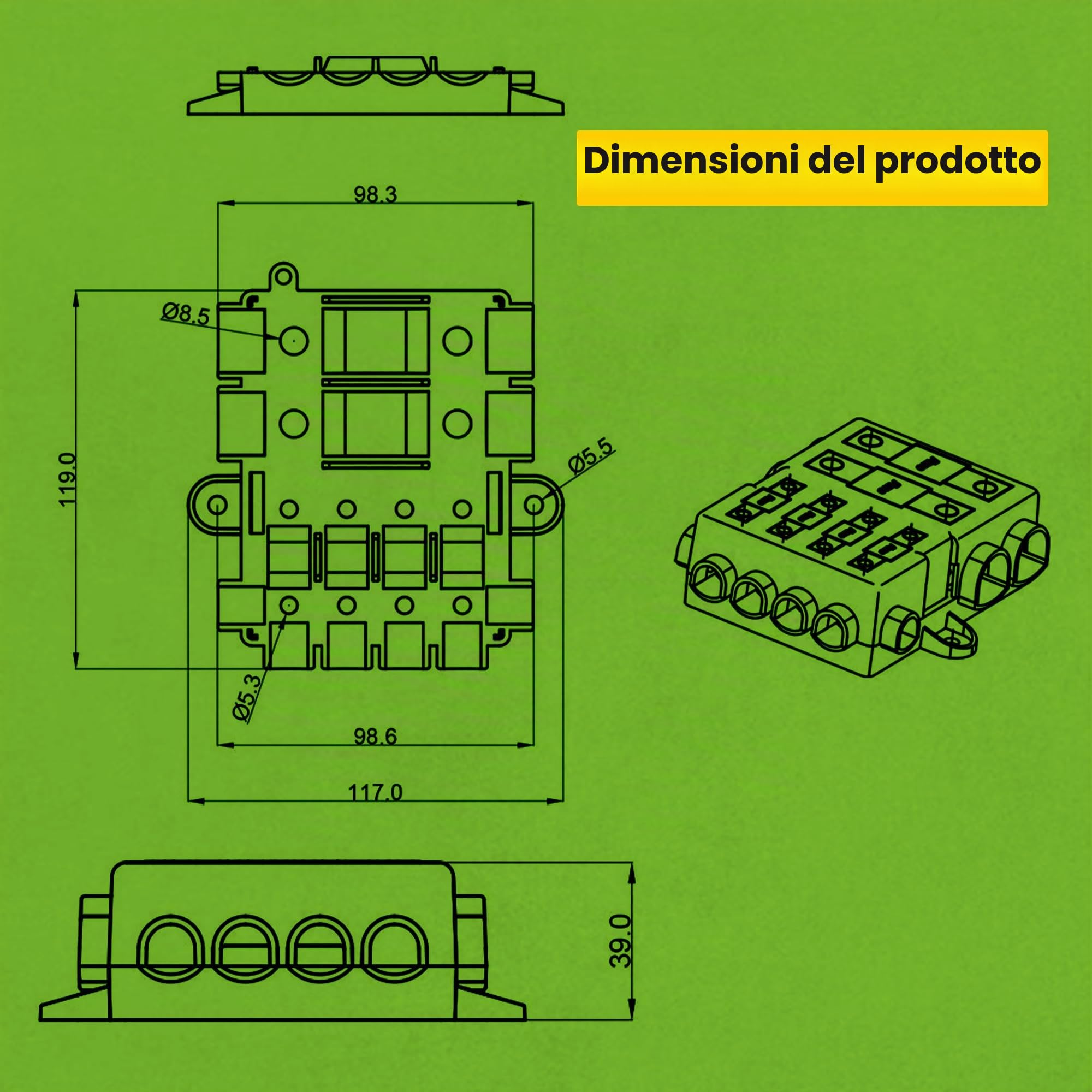 Offgridtec Portafusibili per 2 mega + 4 fusibili Midi, con busbar, alloggiamento in poliammide con coperchio, robusto fusibile di distribuzione dell'alimentazione per circuiti alti e medi