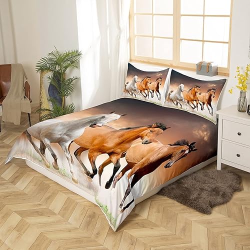 Miniatura 3 de Erosebridal - Juego de funda de edredón con diseño estampado de caballos color café, juego de cama suave y ligero para niños y adolescentes, tamaño