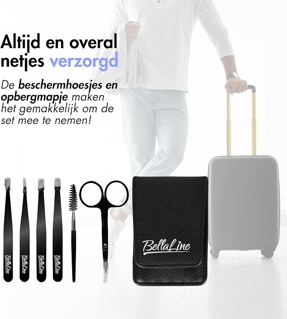 Tweezers Set - Professional Eyebrow Tweezers Set with Scissors & Brush - 6-Piece Precision Set with Case - For Eyebrows, Hairs & Splitters (Black)