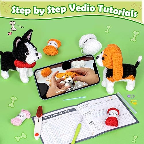 Miniatura 2 de HOMQYTE Kit de ganchillo para principiantes, kit de iniciación de ganchillo de 2 piezas de bulldog francés Beagle con tutoriales en video paso a