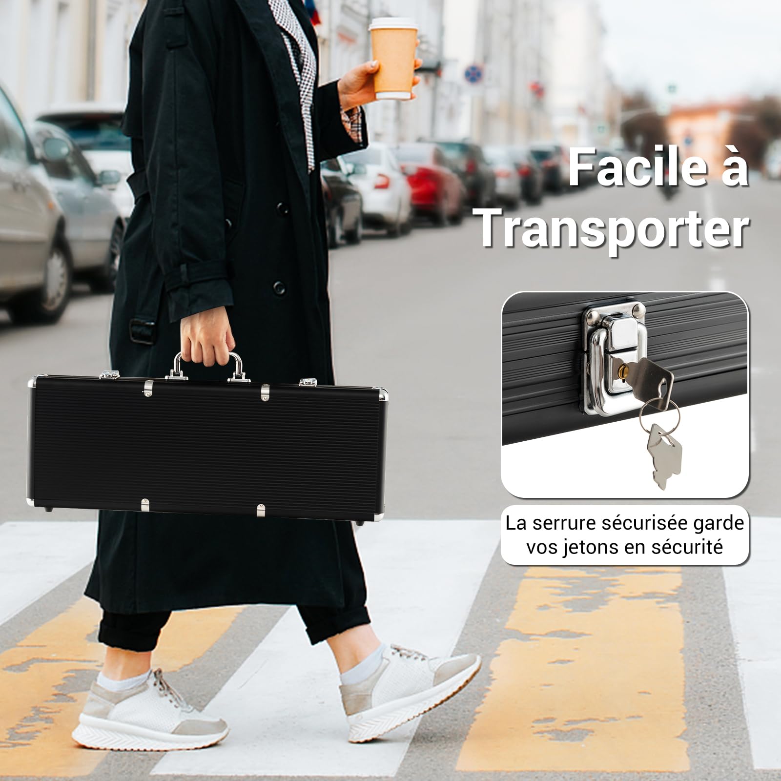 COSTWAY Mallette de Poker avec 500 Jetons & 2 Jeux de Cartes, Coffret de Poker en Aluminium avec 5 Dés & 1 Bouton Dealer (Noir)