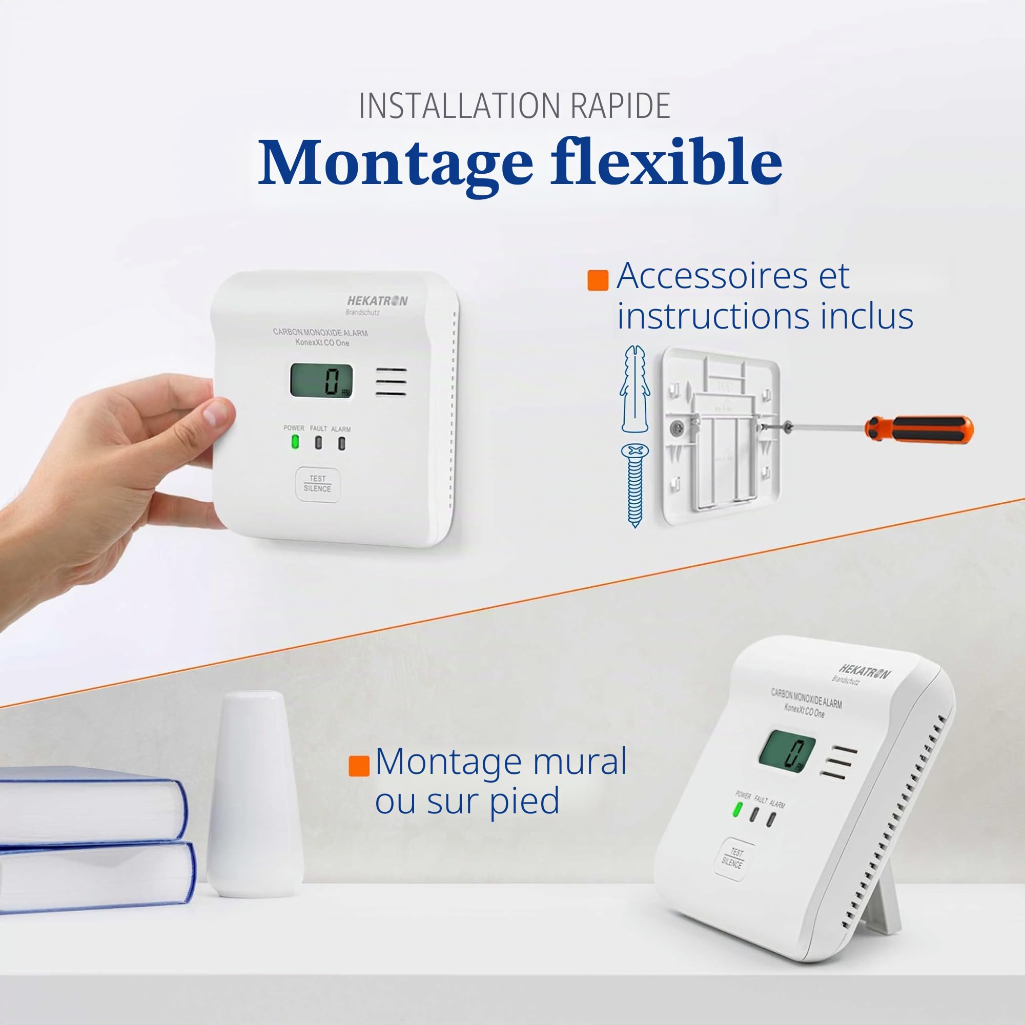 Hekatron KonexXt CO One - Détecteur de monoxyde de Carbone - Batterie 10 Ans - Détecteur de CO avec écran Clair et Bouton d'alarme de Test - Installation Facile