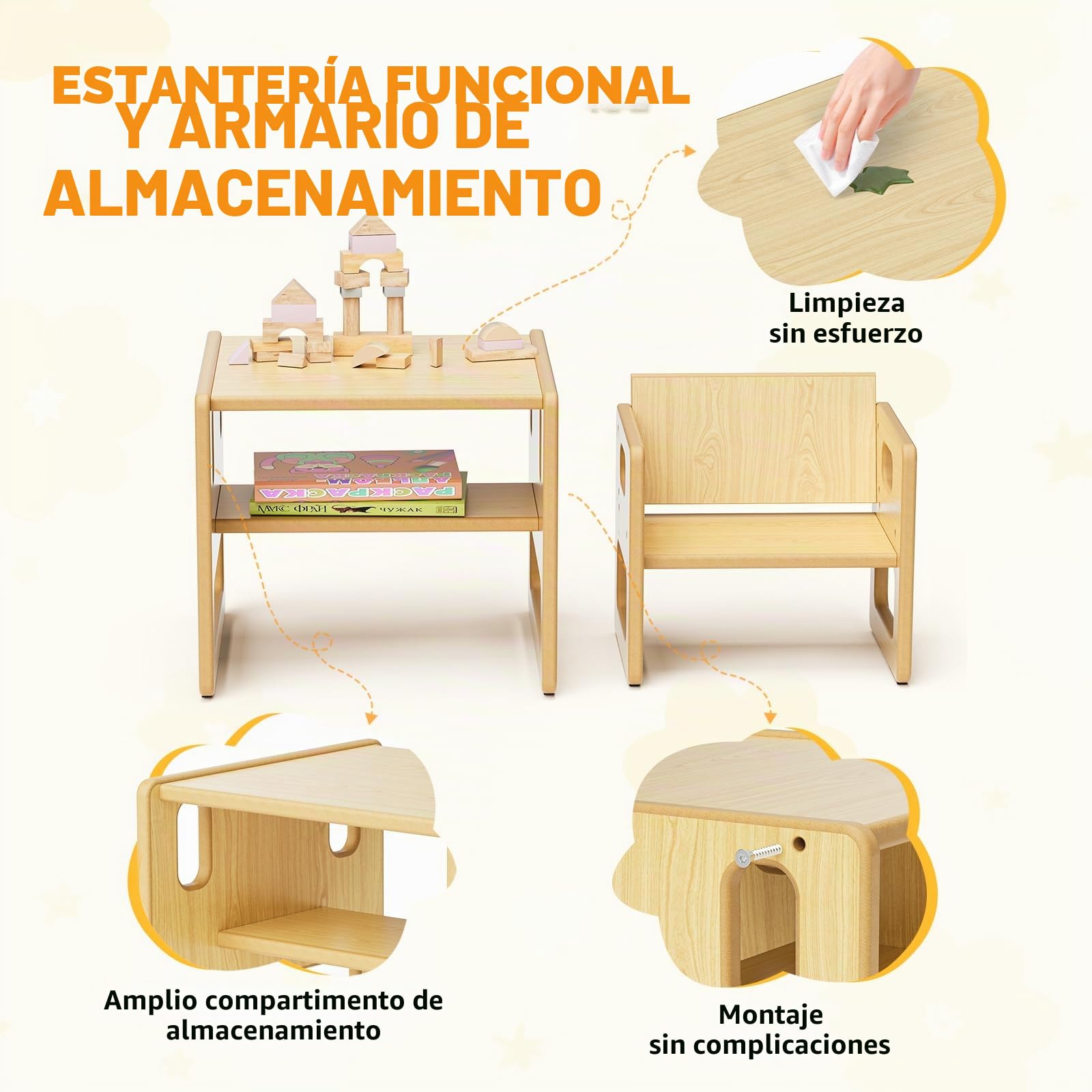 Mesa y Silla para Niños, Mesa de Madera Montessori con Almacenamiento, Adecuada para Niños para Leer, Jugar, Comer