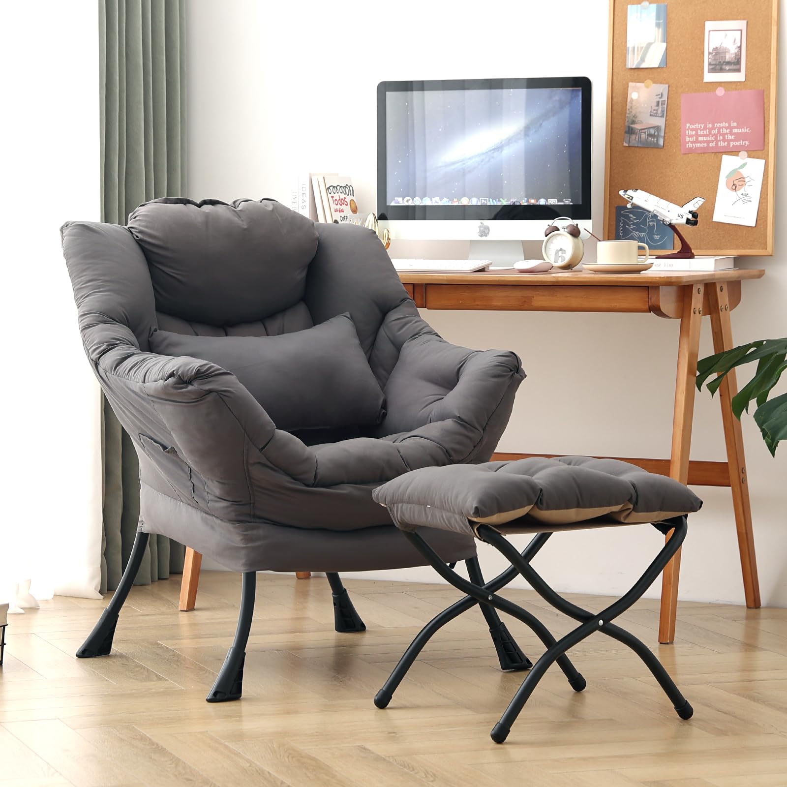 Silla perezosa con otomana, silla decorativa moderna con almohada lumbar, sillas cómodas con reposapiés plegable para dormitorio, lectura, sillas de descanso de apoyo de gran tamaño (gris 3