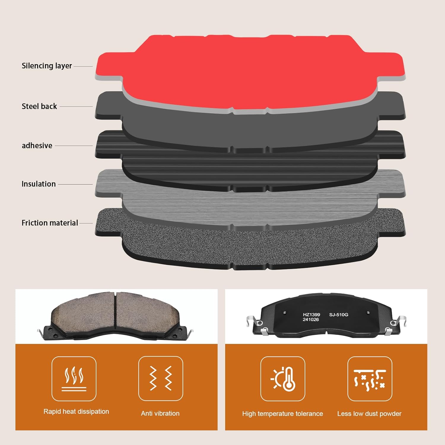HZ1399 Front Brake Pads Fit For DODGE RAM 2500 2009-2010, For RAM 1500 2012 Truck;Tradesman HD Models, For RAM 2500 2011-2018, For RAM 3500 2011-2018 Replacement Brake Pads w/Hardware