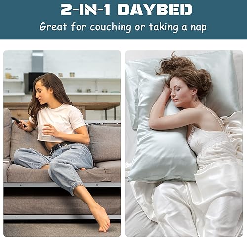 Miniatura 14 de Giantex Sofá cama individual con nido, sofá cama de metal tamaño individual con nido extraíble con 4 ruedas, sofá cama con soporte de listones de