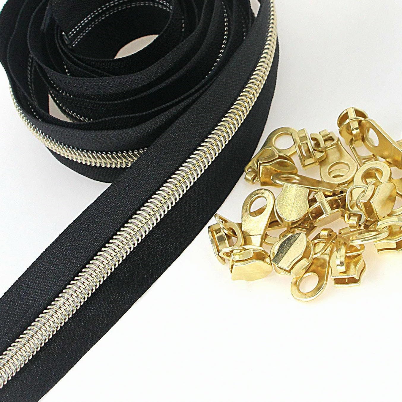 SHUNLI #5 Metallic Nylon Coil Zippers by The Yard, Black Gold Bulk Zipper Tape 10 Yards with 25Pcs Zipper Pulls for DIY Sewing Crafts Replacement Bags