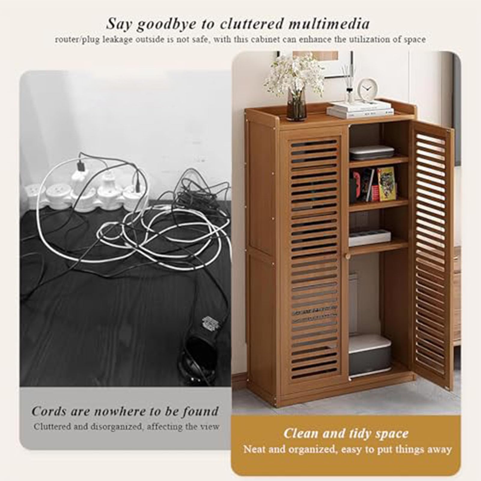 Armoire de rangement pour routeur WiFi avec gestion des câbles, étagère réglable pour bureau à domicile, étagère en bois, design au sol